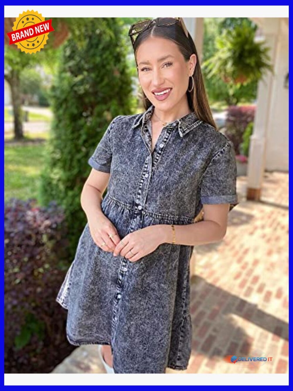Denim Babydoll Tiered Swing Dress, Short Sleeve, Button Down, Cotton Blend - Picture 4 of 7